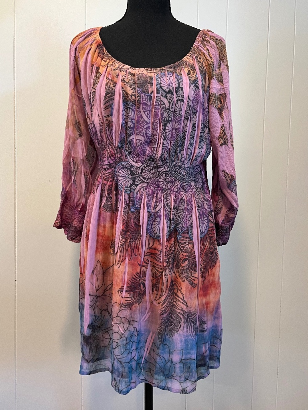 Unity World Wear Boho Paisley Floral Smocked Mini Dress Multicolor sz M